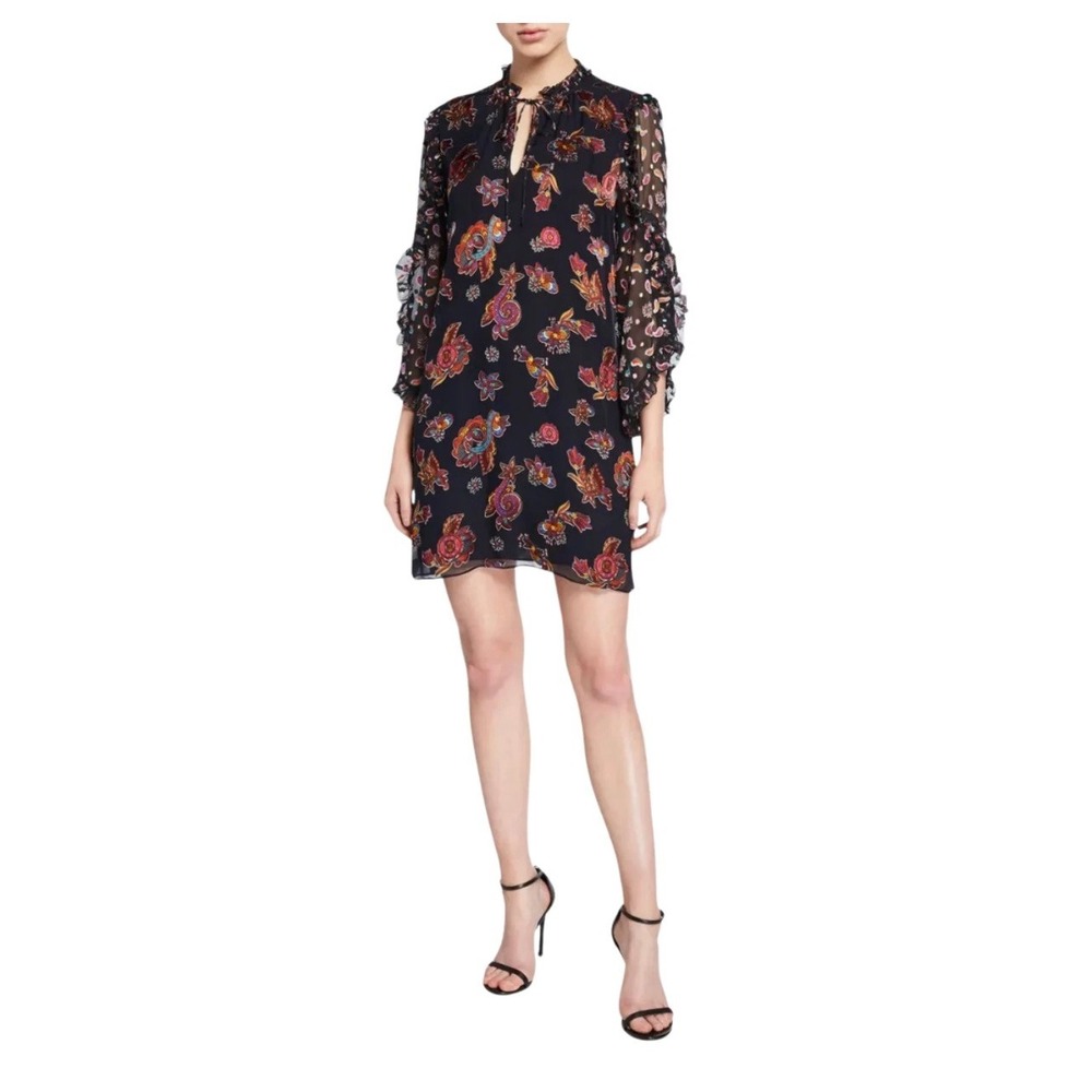 Alice Olivia Black Floral Print Sheer Ruffle Sleeve Tie Neck Mini‎ Dress Size XS
